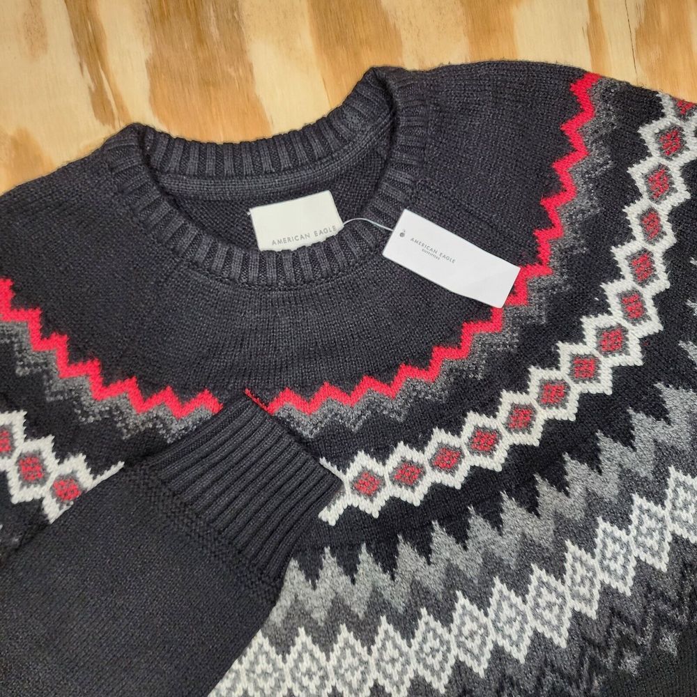 American Eagle Men's L Tall Knit Sweater Pullover Black Fair Isle Preppy Thick